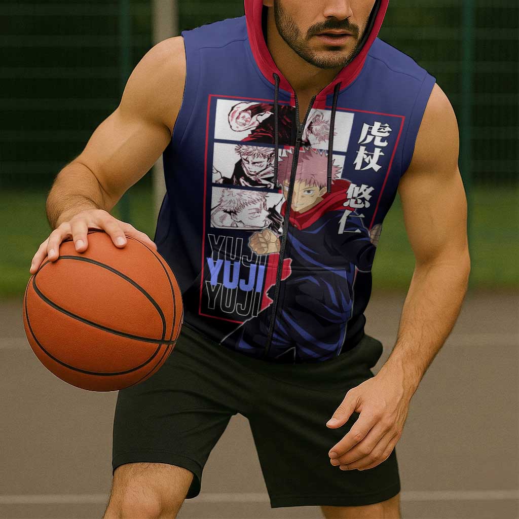Yuji Itadori from Jujutsu Kaisen Sleeveless Zip Hoodie with Action Pose and Energetic Expressions Design - The Mazicc