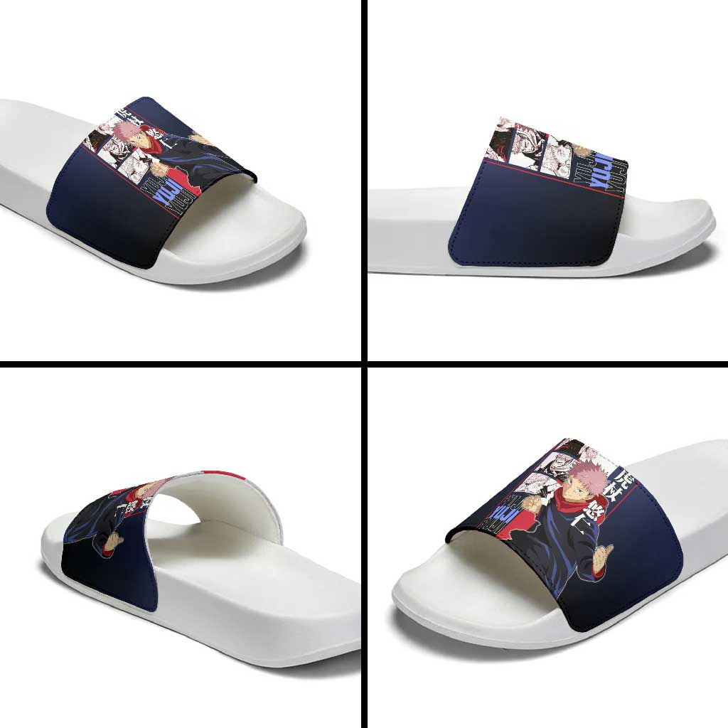 Yuji Itadori from Jujutsu Kaisen Slide Sandals with Action Pose and Energetic Expressions Design - The Mazicc