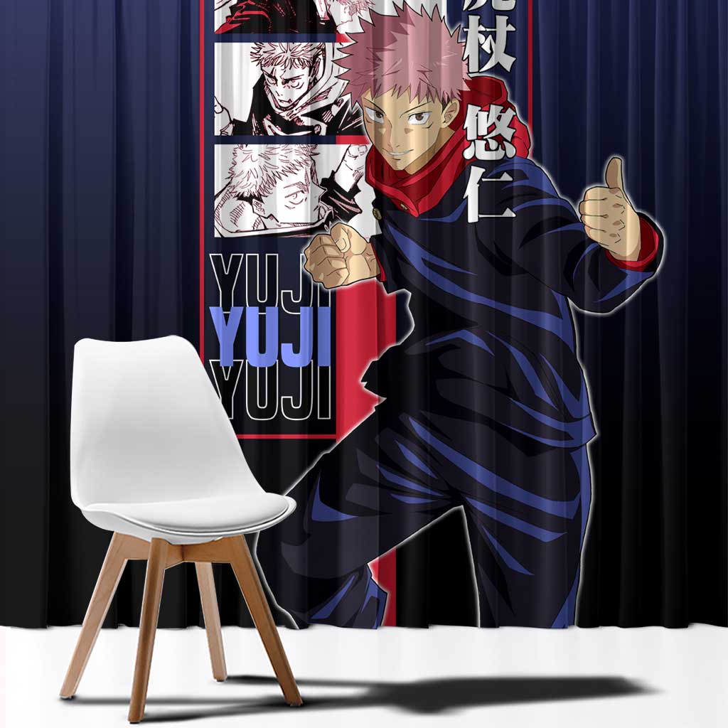 Yuji Itadori from Jujutsu Kaisen Window Curtain with Action Pose and Energetic Expressions Design - The Mazicc
