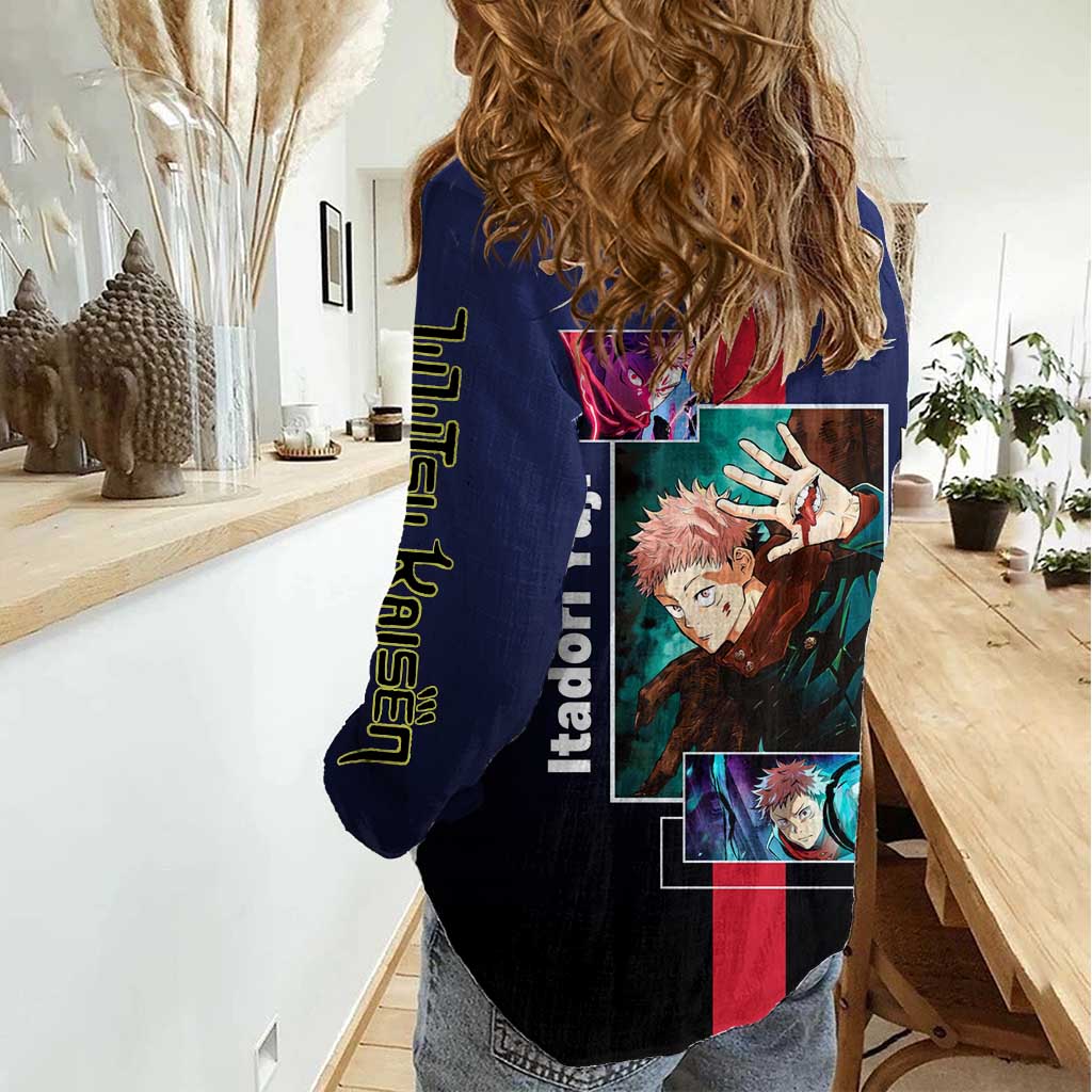 Yuji Itadori from Jujutsu Kaisen Women Casual Shirt with Action Pose and Energetic Expressions Design - The Mazicc