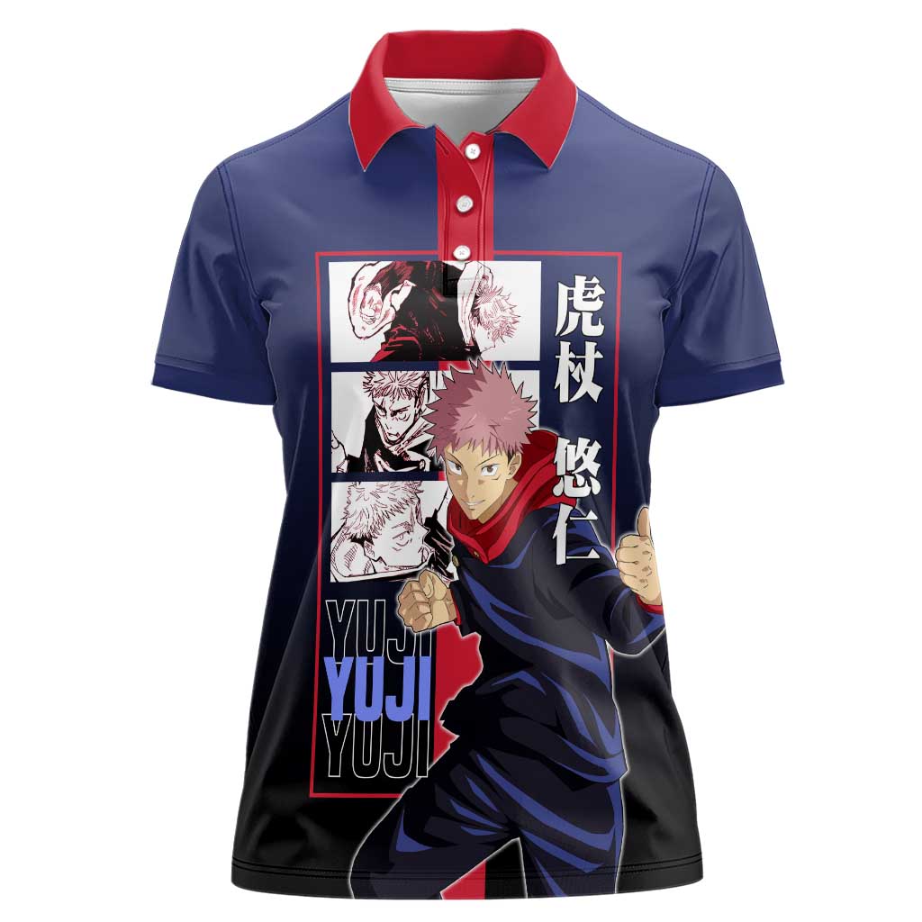 Yuji Itadori from Jujutsu Kaisen Women Polo Shirt with Action Pose and Energetic Expressions Design - The Mazicc