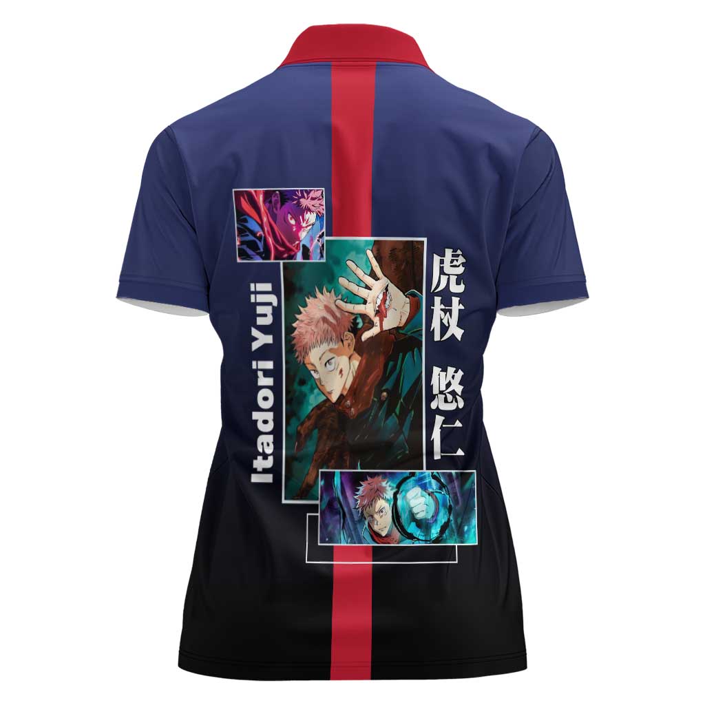 Yuji Itadori from Jujutsu Kaisen Women Polo Shirt with Action Pose and Energetic Expressions Design - The Mazicc