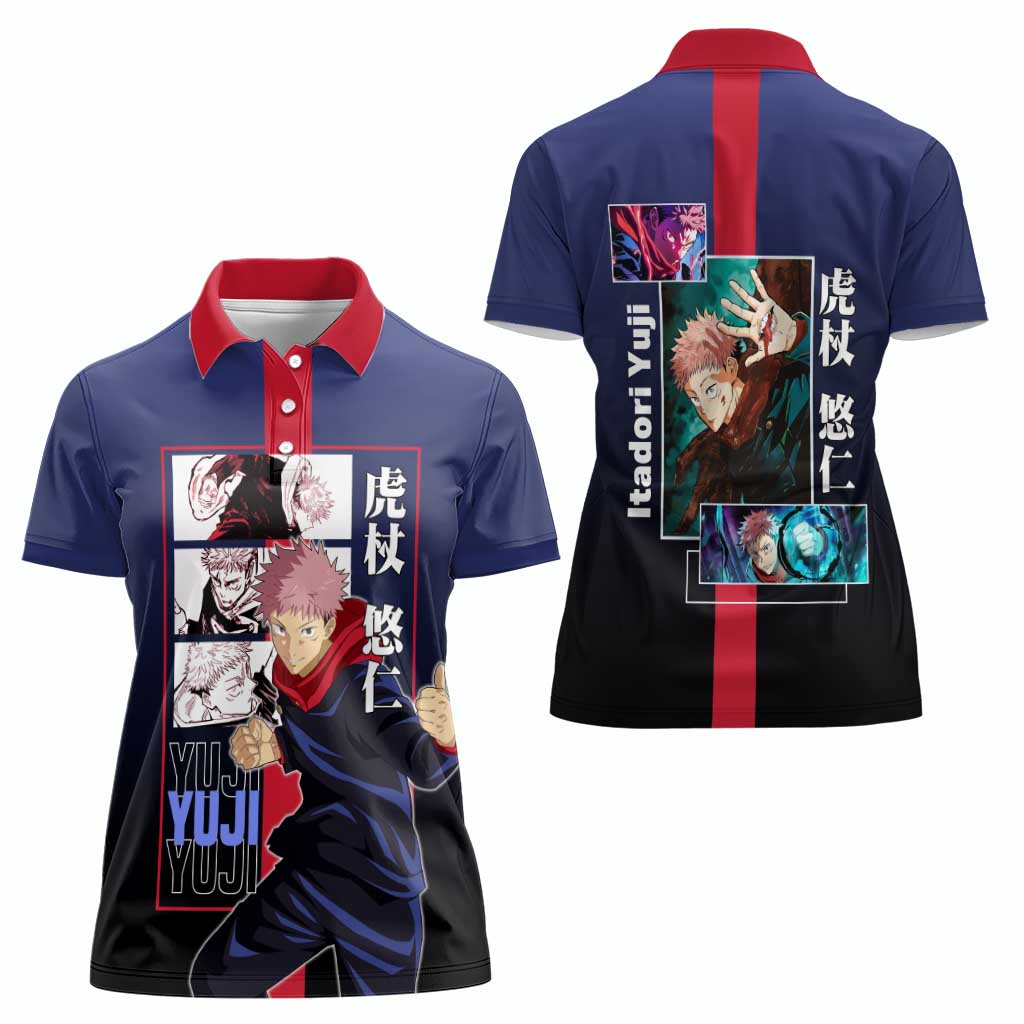 Yuji Itadori from Jujutsu Kaisen Women Polo Shirt with Action Pose and Energetic Expressions Design - The Mazicc