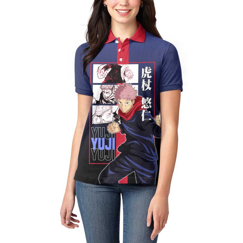 Yuji Itadori from Jujutsu Kaisen Women Polo Shirt with Action Pose and Energetic Expressions Design - The Mazicc