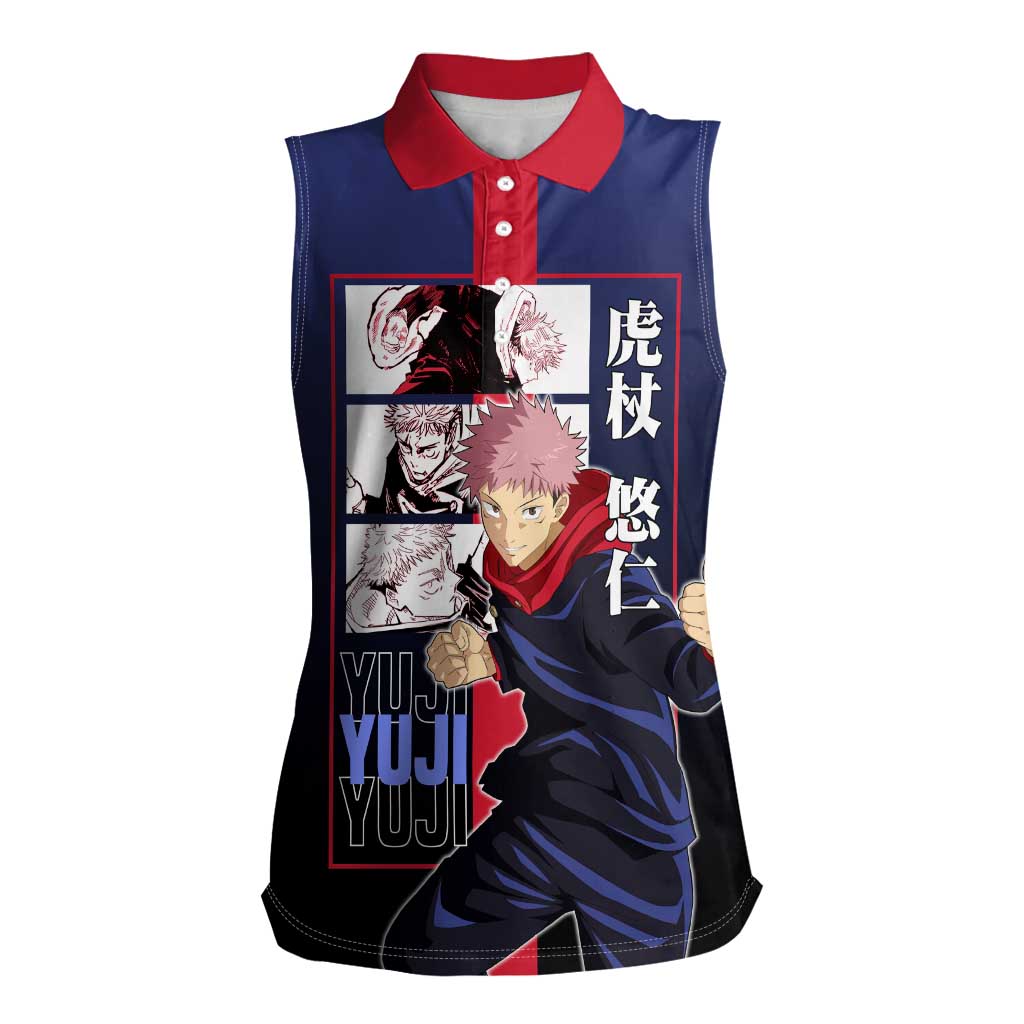 Yuji Itadori from Jujutsu Kaisen Women Sleeveless Polo Shirt with Action Pose and Energetic Expressions Design - The Mazicc