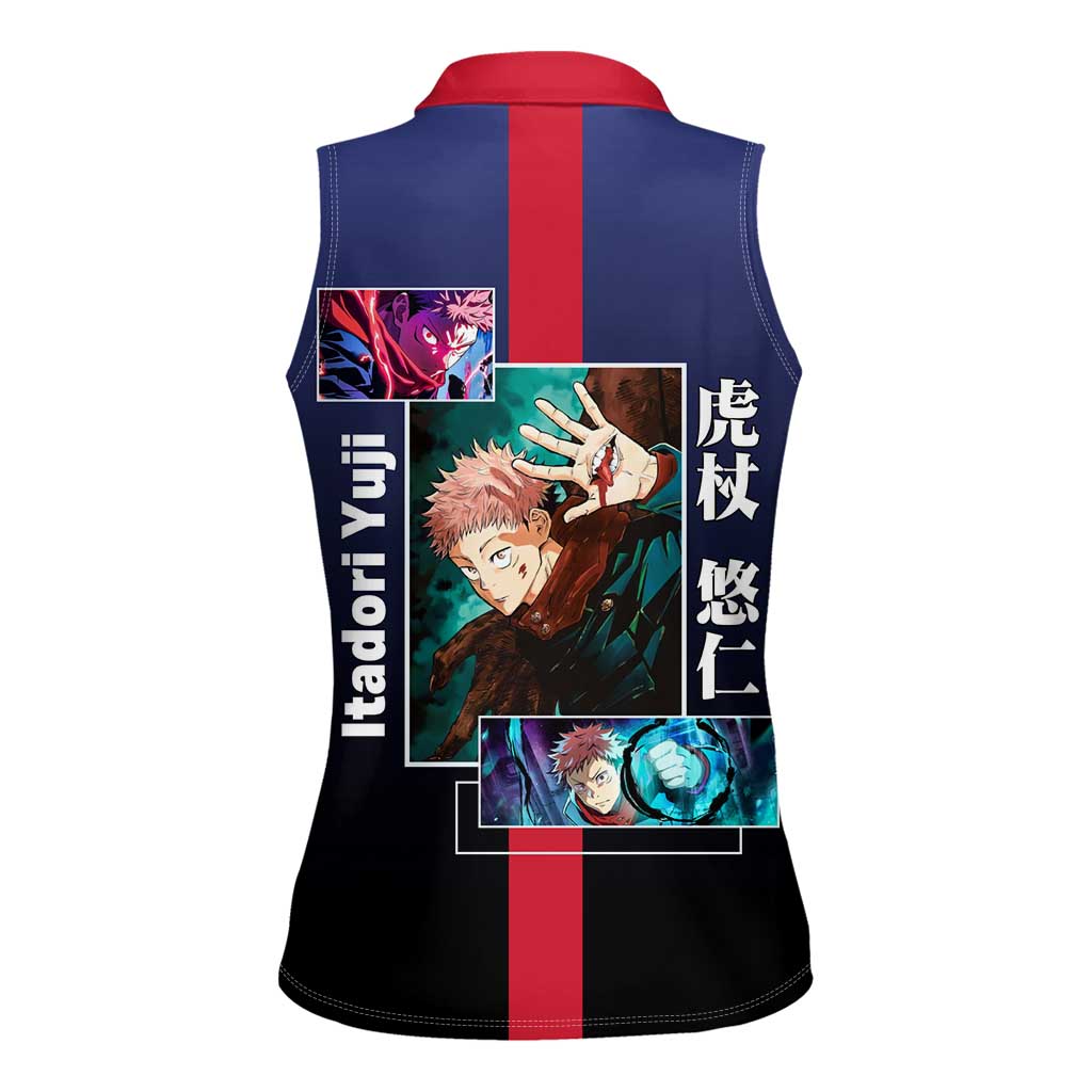 Yuji Itadori from Jujutsu Kaisen Women Sleeveless Polo Shirt with Action Pose and Energetic Expressions Design - The Mazicc