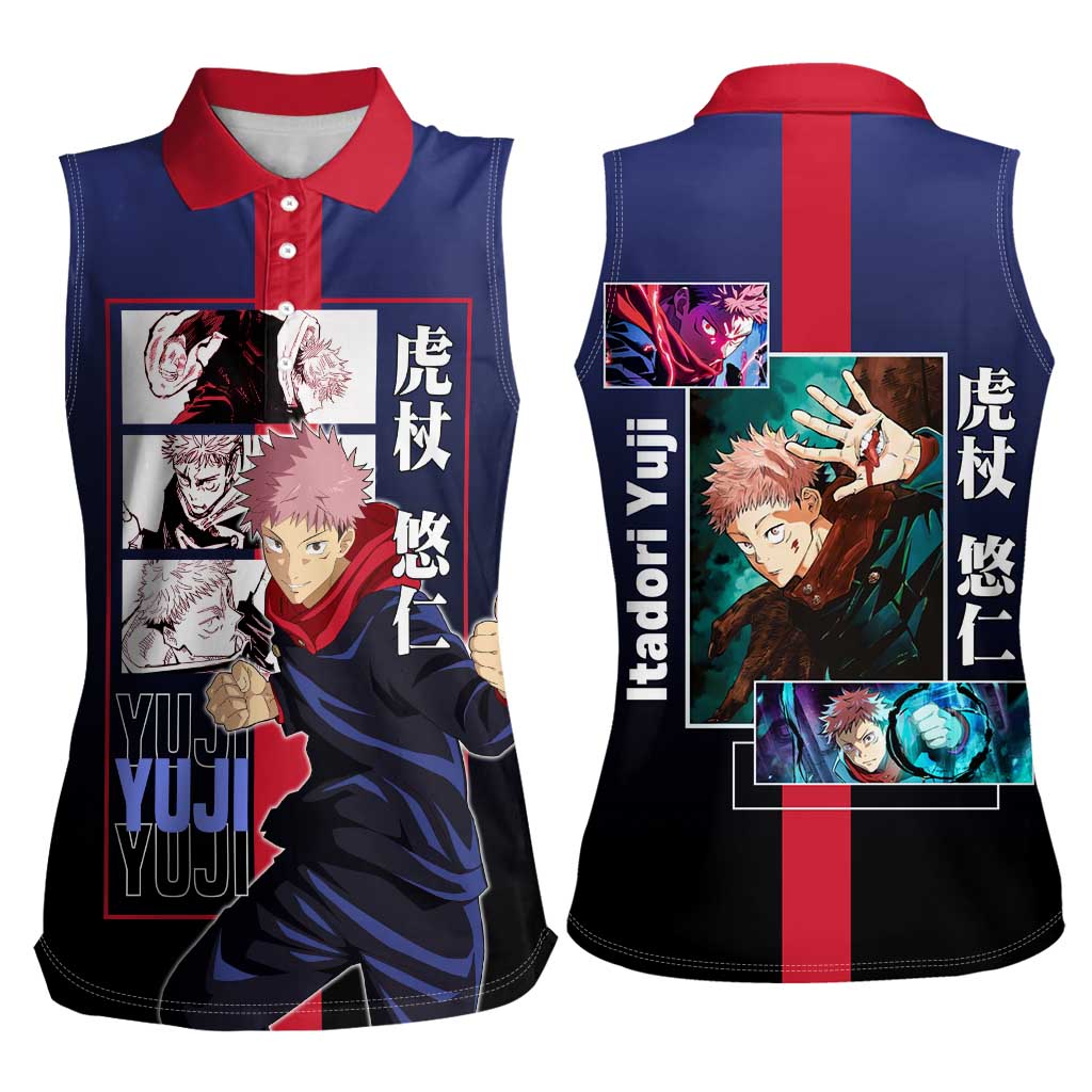 Yuji Itadori from Jujutsu Kaisen Women Sleeveless Polo Shirt with Action Pose and Energetic Expressions Design - The Mazicc