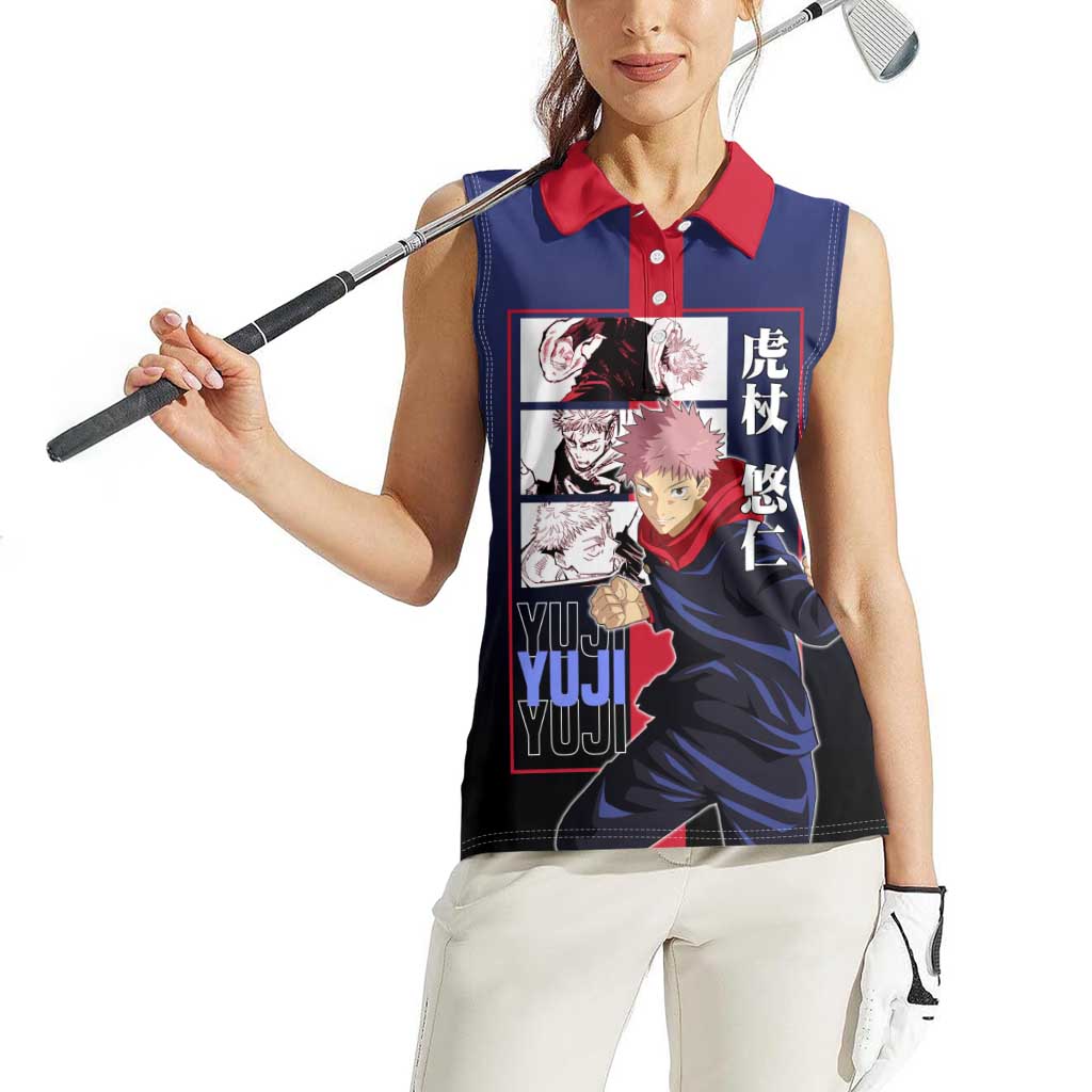 Yuji Itadori from Jujutsu Kaisen Women Sleeveless Polo Shirt with Action Pose and Energetic Expressions Design - The Mazicc