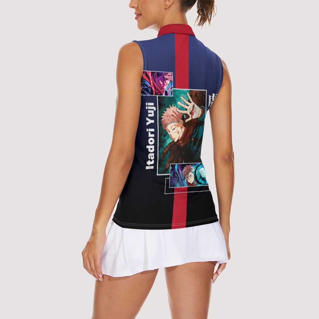 Yuji Itadori from Jujutsu Kaisen Women Sleeveless Polo Shirt with Action Pose and Energetic Expressions Design - The Mazicc