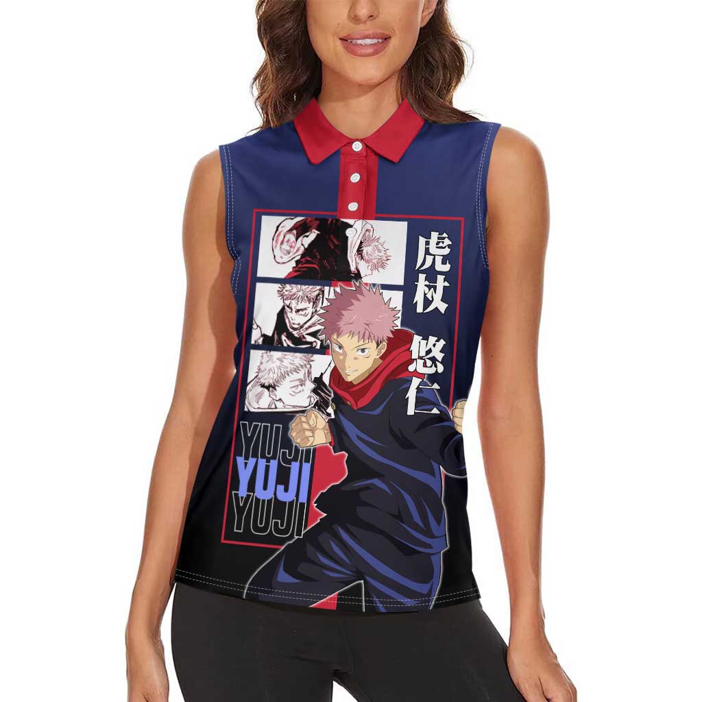 Yuji Itadori from Jujutsu Kaisen Women Sleeveless Polo Shirt with Action Pose and Energetic Expressions Design - The Mazicc