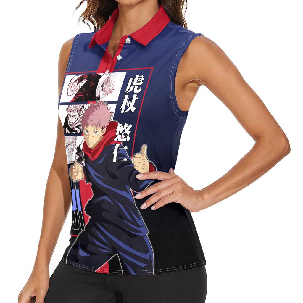 Yuji Itadori from Jujutsu Kaisen Women Sleeveless Polo Shirt with Action Pose and Energetic Expressions Design - The Mazicc