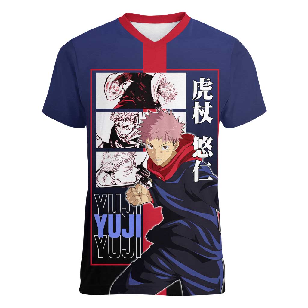 Yuji Itadori from Jujutsu Kaisen Women V-Neck T-Shirt with Action Pose and Energetic Expressions Design - The Mazicc
