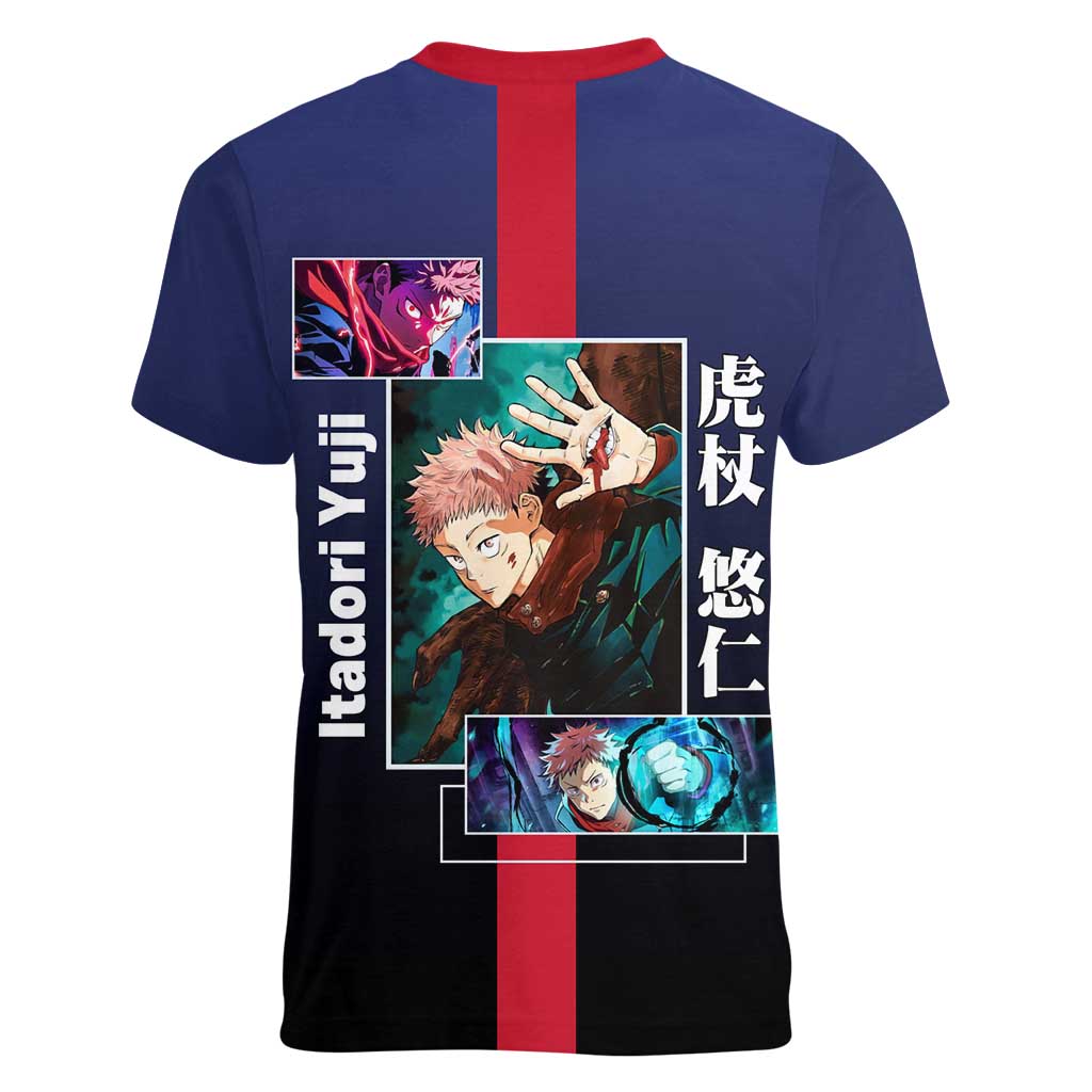 Yuji Itadori from Jujutsu Kaisen Women V-Neck T-Shirt with Action Pose and Energetic Expressions Design - The Mazicc