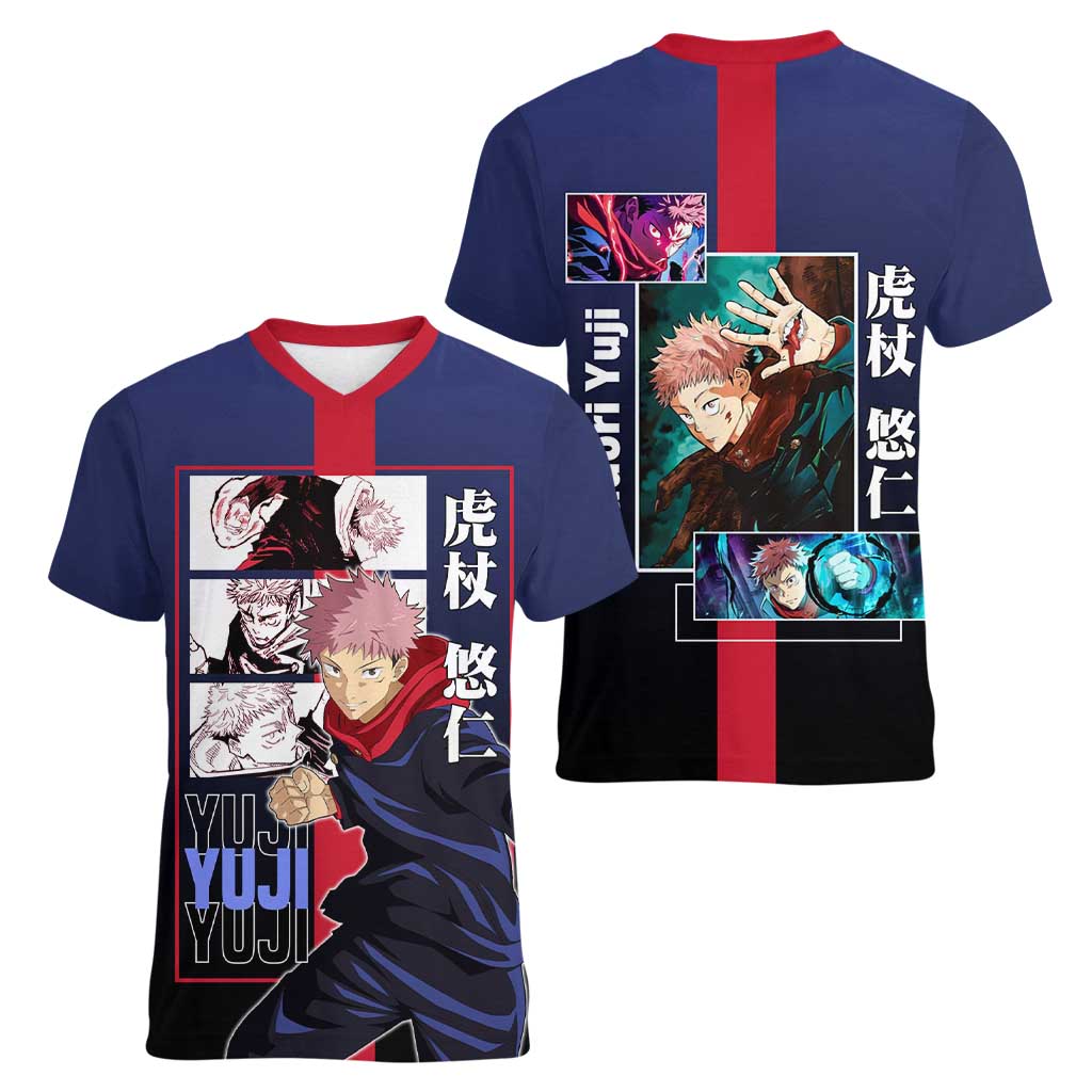 Yuji Itadori from Jujutsu Kaisen Women V-Neck T-Shirt with Action Pose and Energetic Expressions Design - The Mazicc