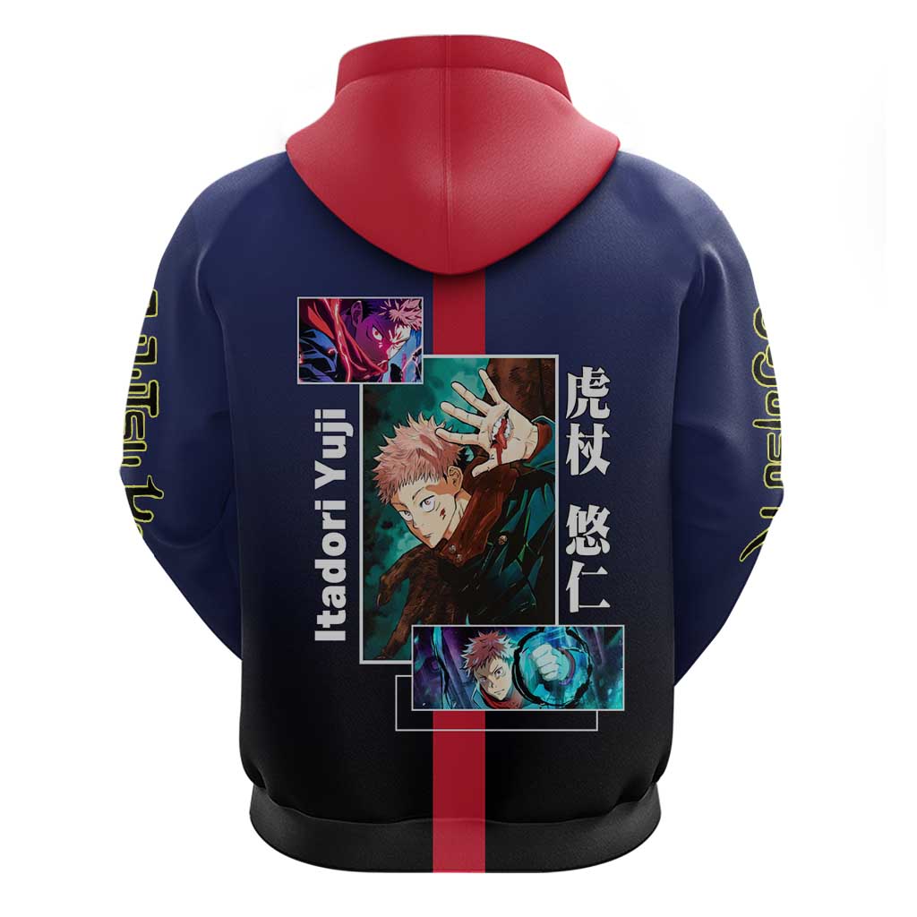 Yuji Itadori from Jujutsu Kaisen Zip Hoodie with Action Pose and Energetic Expressions Design - The Mazicc