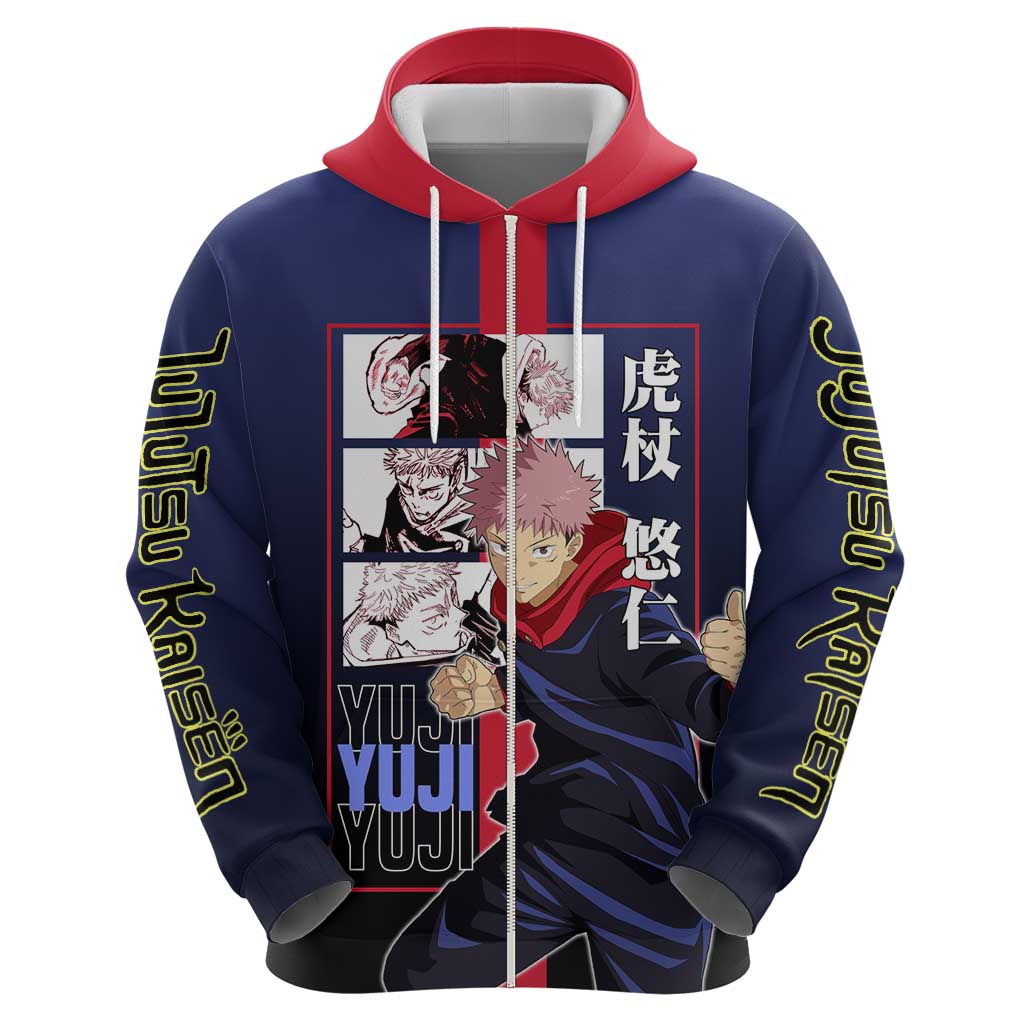 Yuji Itadori from Jujutsu Kaisen Zip Hoodie with Action Pose and Energetic Expressions Design - The Mazicc