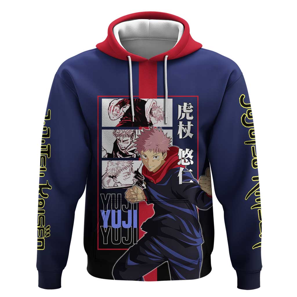 Yuji Itadori from Jujutsu Kaisen Zip Hoodie with Action Pose and Energetic Expressions Design - The Mazicc