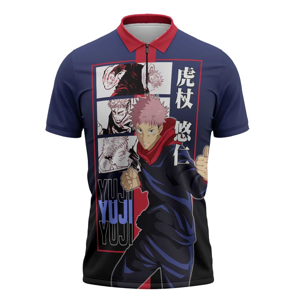 Yuji Itadori from Jujutsu Kaisen Zipper Polo Shirt with Action Pose and Energetic Expressions Design - The Mazicc