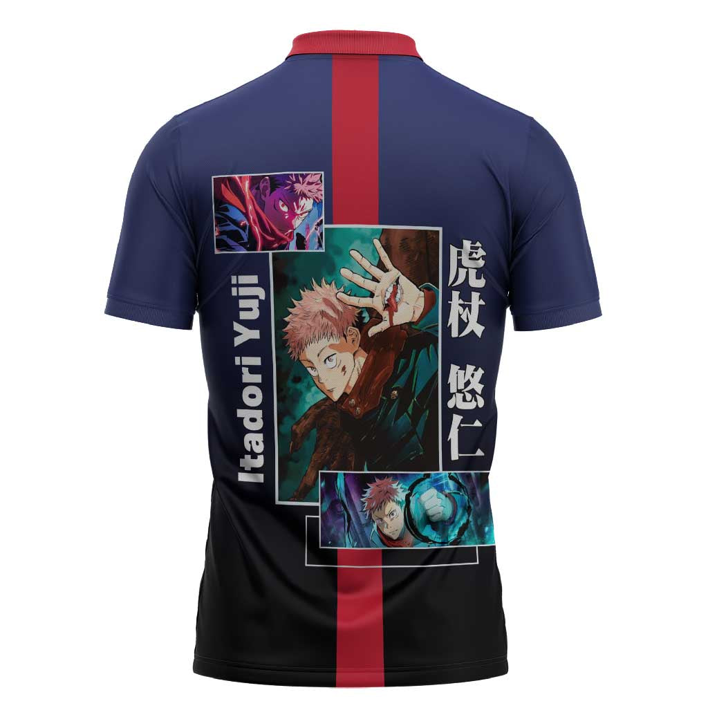 Yuji Itadori from Jujutsu Kaisen Zipper Polo Shirt with Action Pose and Energetic Expressions Design - The Mazicc