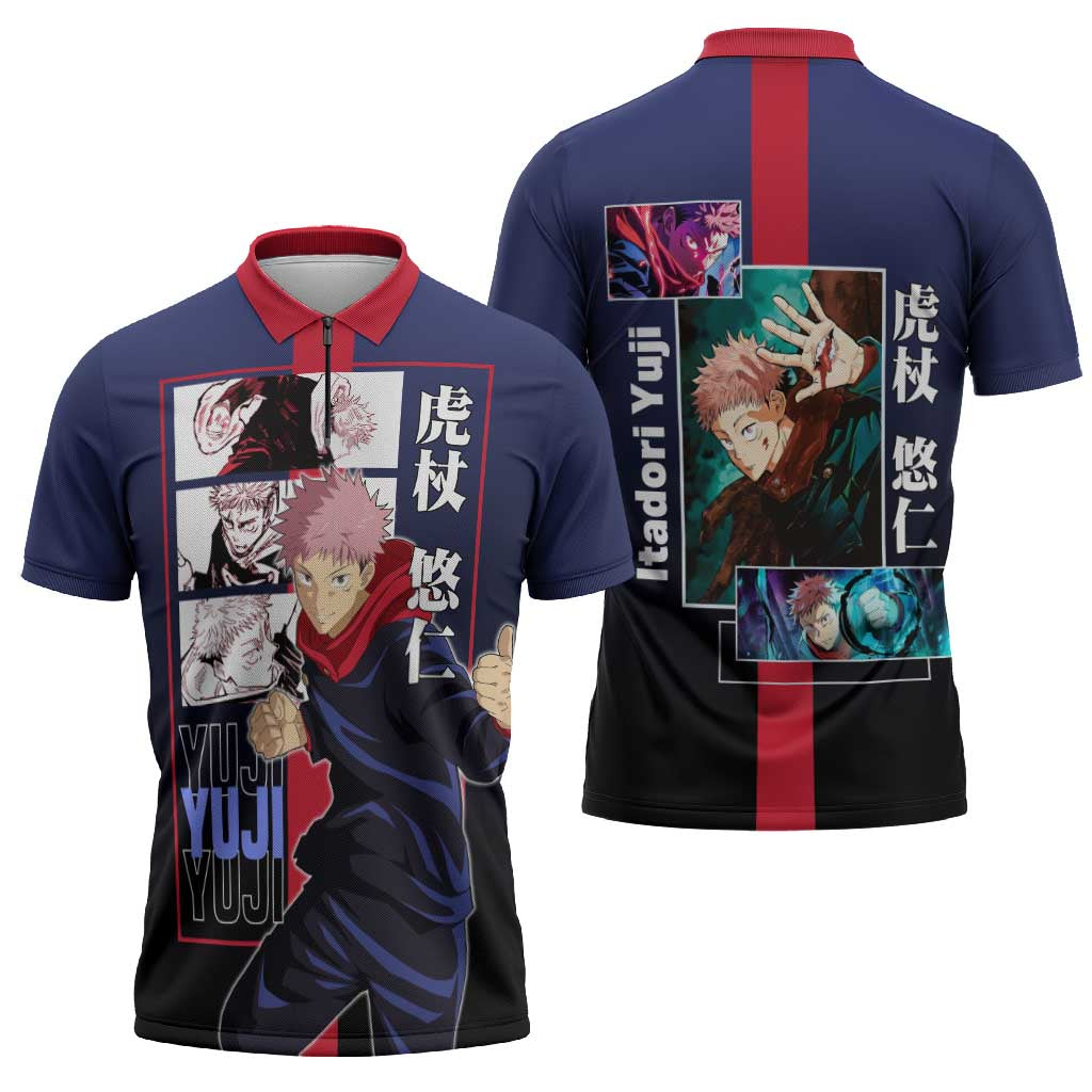 Yuji Itadori from Jujutsu Kaisen Zipper Polo Shirt with Action Pose and Energetic Expressions Design - The Mazicc