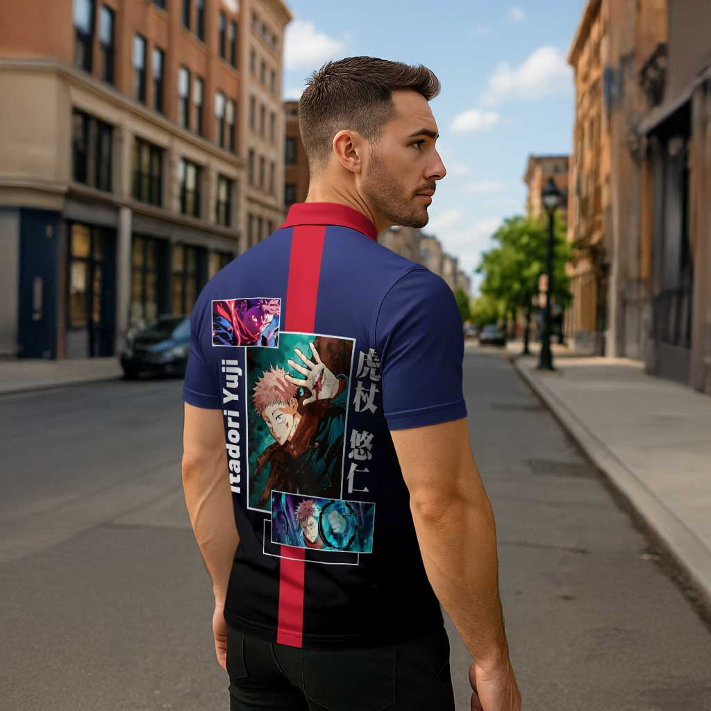 Yuji Itadori from Jujutsu Kaisen Zipper Polo Shirt with Action Pose and Energetic Expressions Design - The Mazicc