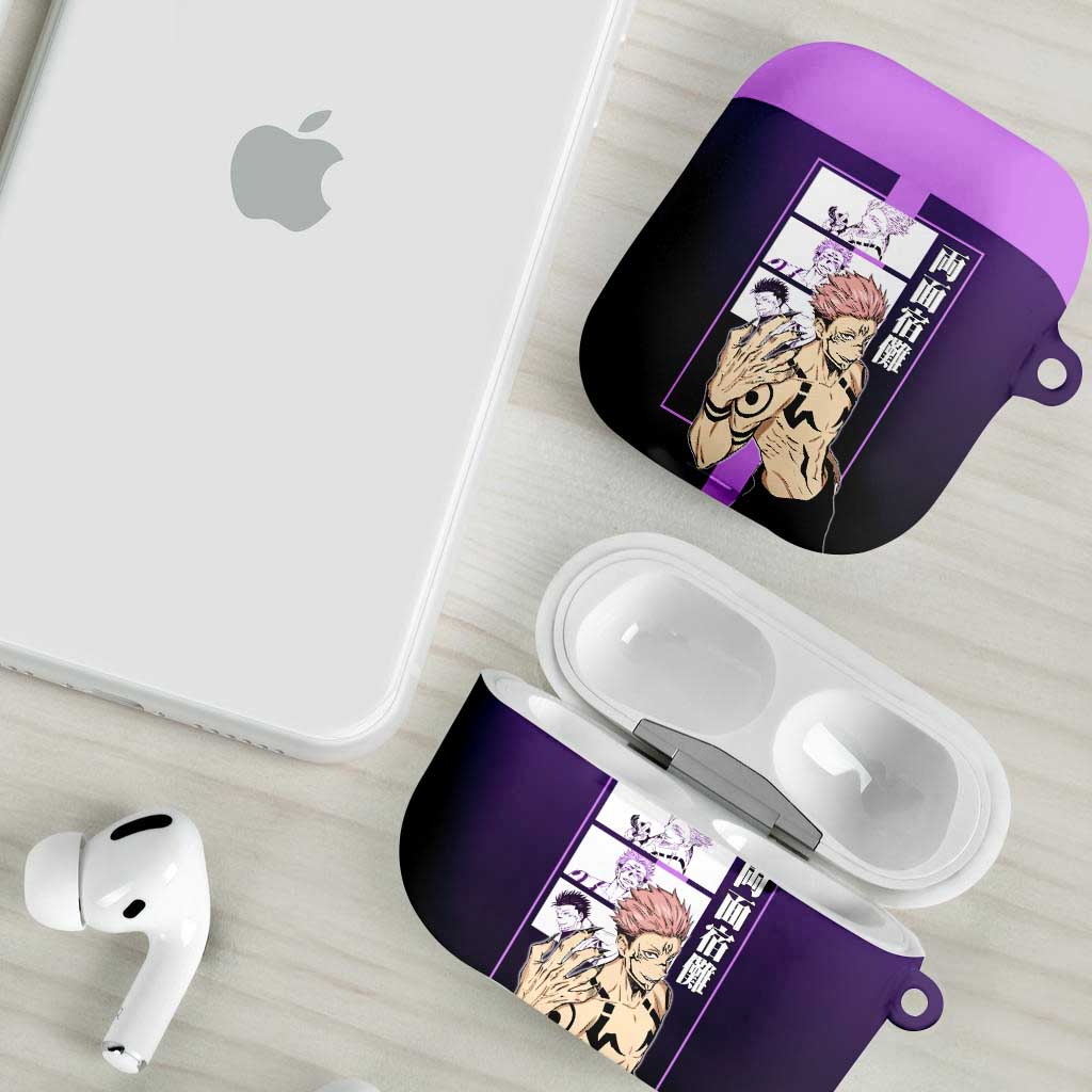 Ryomen Sukuna from Jujutsu Kaisen AirPods Case with Purple Background and Multiple Poses Design - The Mazicc