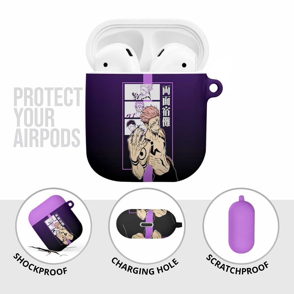 Ryomen Sukuna from Jujutsu Kaisen AirPods Case with Purple Background and Multiple Poses Design - The Mazicc