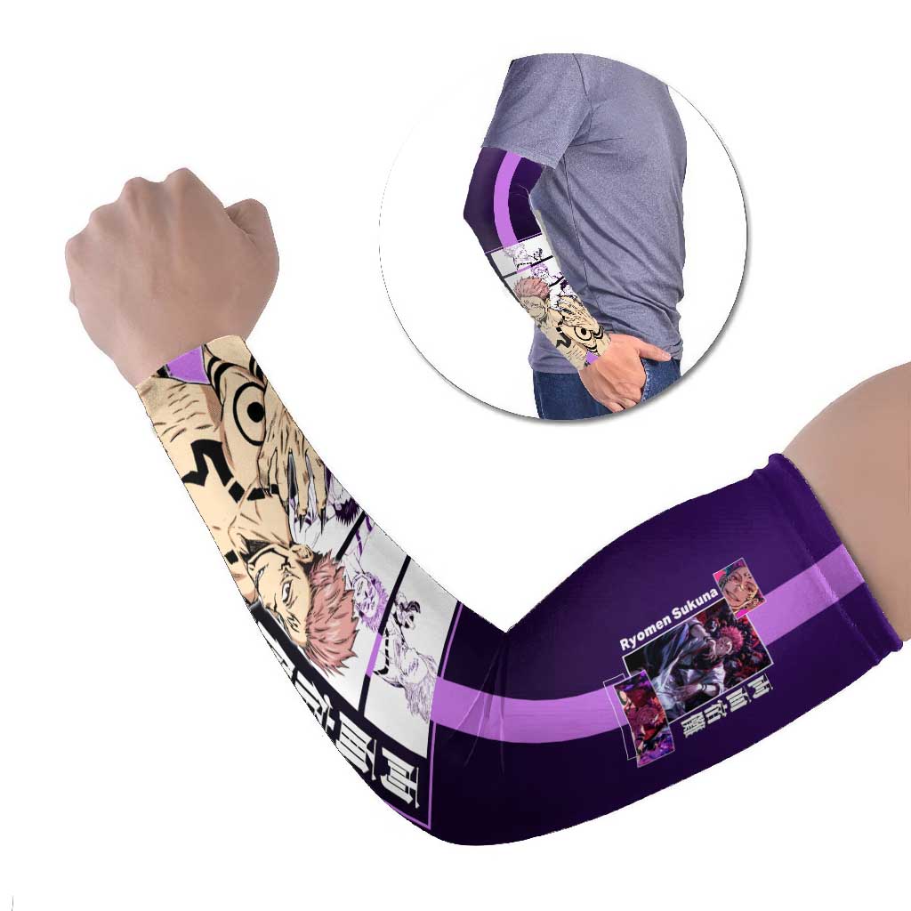 Ryomen Sukuna from Jujutsu Kaisen Arm Sleeves with Purple Background and Multiple Poses Design - The Mazicc