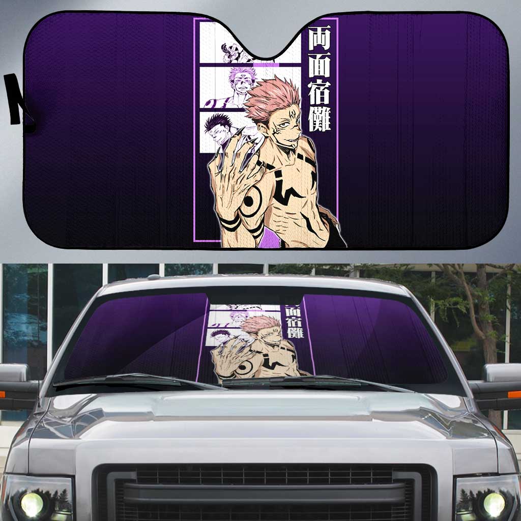Ryomen Sukuna from Jujutsu Kaisen Auto Sun Shade with Purple Background and Multiple Poses Design - The Mazicc