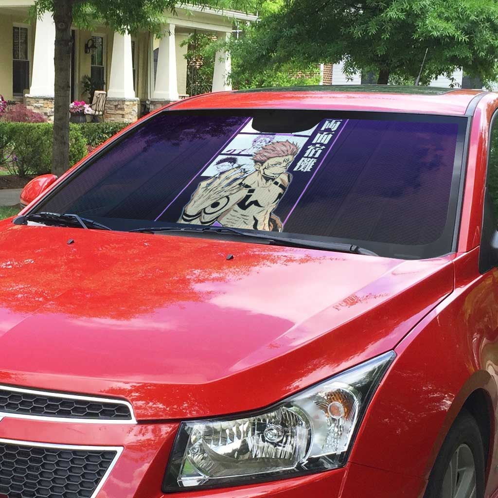 Ryomen Sukuna from Jujutsu Kaisen Auto Sun Shade with Purple Background and Multiple Poses Design - The Mazicc