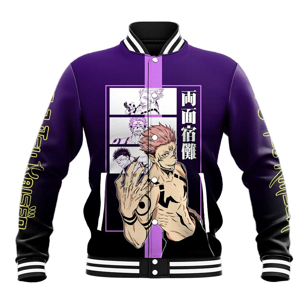 Ryomen Sukuna from Jujutsu Kaisen Baseball Jacket with Purple Background and Multiple Poses Design - The Mazicc