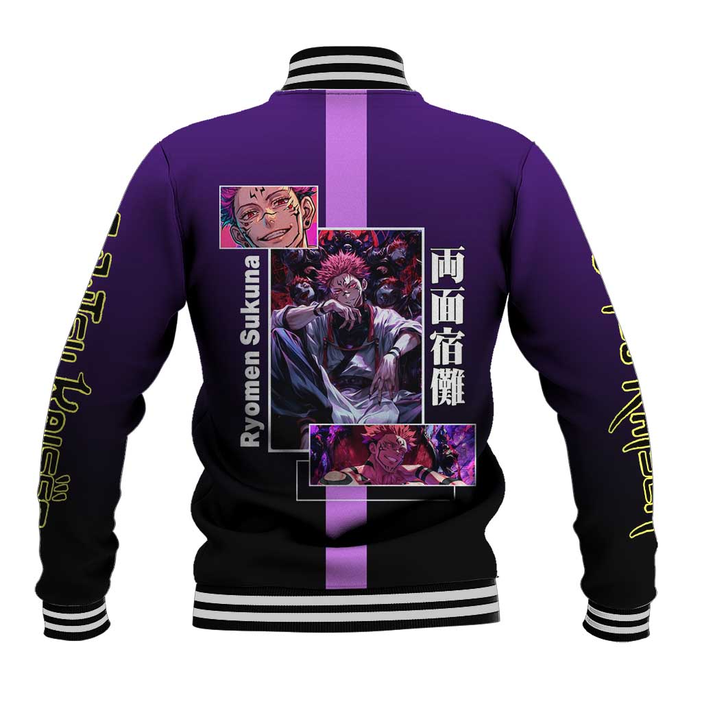 Ryomen Sukuna from Jujutsu Kaisen Baseball Jacket with Purple Background and Multiple Poses Design - The Mazicc