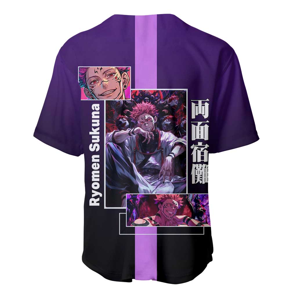 Ryomen Sukuna from Jujutsu Kaisen Baseball Jersey with Purple Background and Multiple Poses Design - The Mazicc