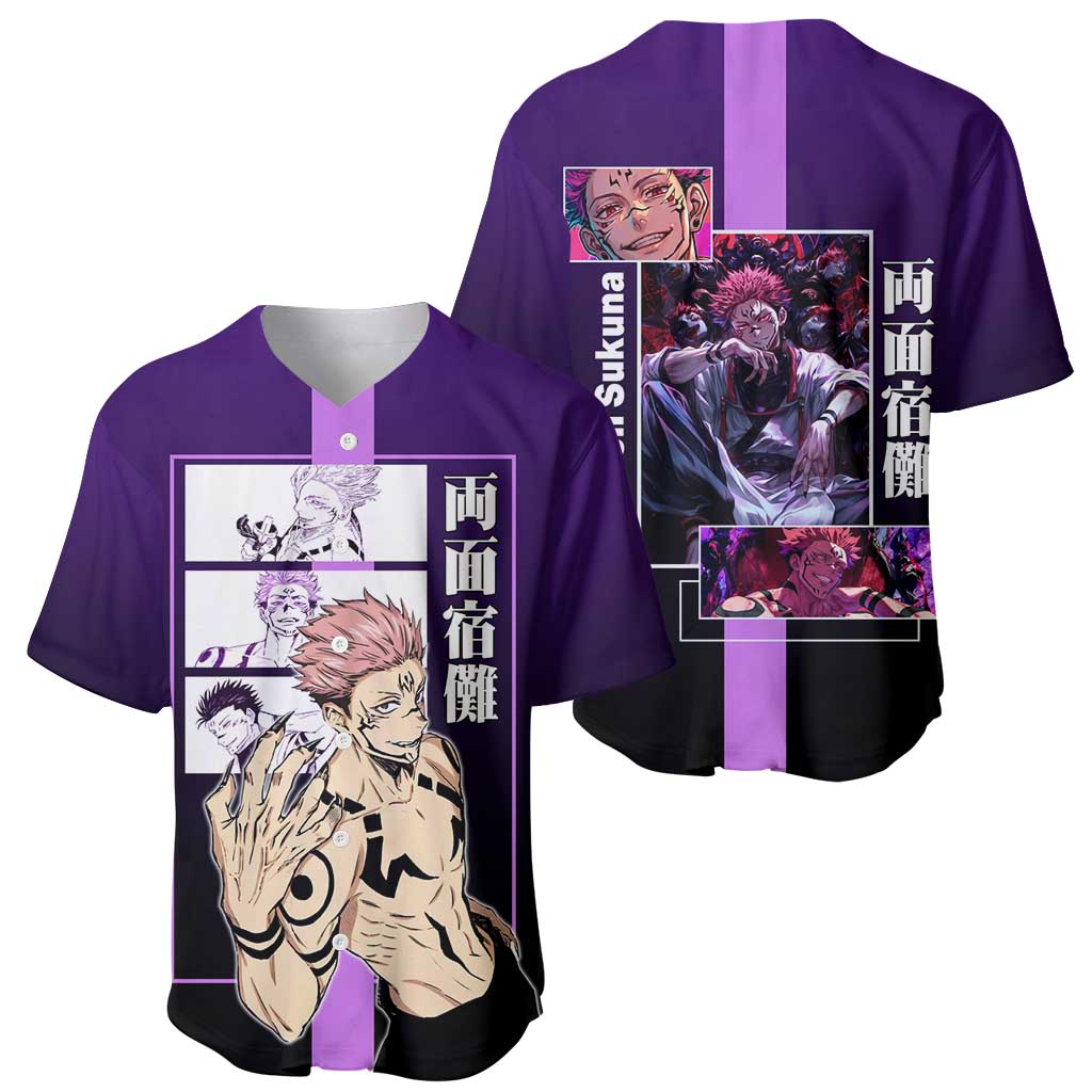 Ryomen Sukuna from Jujutsu Kaisen Baseball Jersey with Purple Background and Multiple Poses Design - The Mazicc