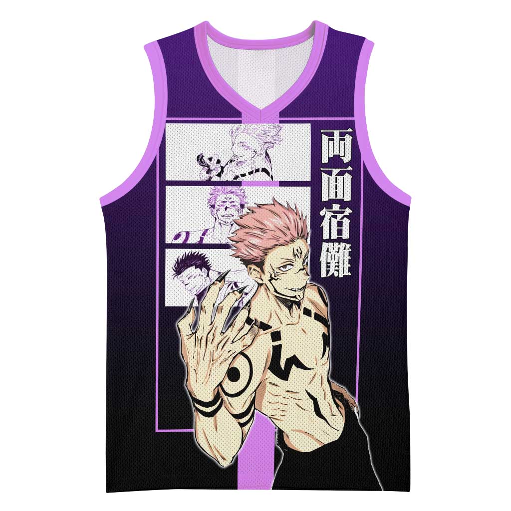 Ryomen Sukuna from Jujutsu Kaisen Basketball Jersey with Purple Background and Multiple Poses Design - The Mazicc