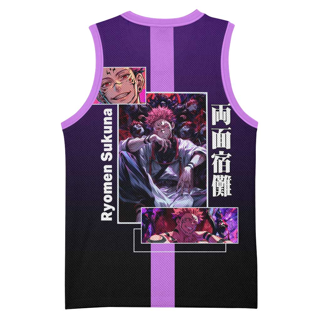 Ryomen Sukuna from Jujutsu Kaisen Basketball Jersey with Purple Background and Multiple Poses Design - The Mazicc