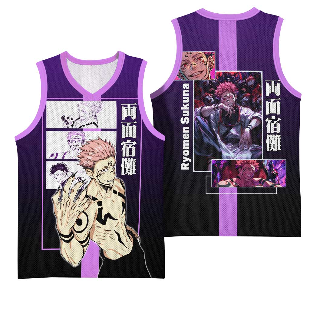 Ryomen Sukuna from Jujutsu Kaisen Basketball Jersey with Purple Background and Multiple Poses Design - The Mazicc