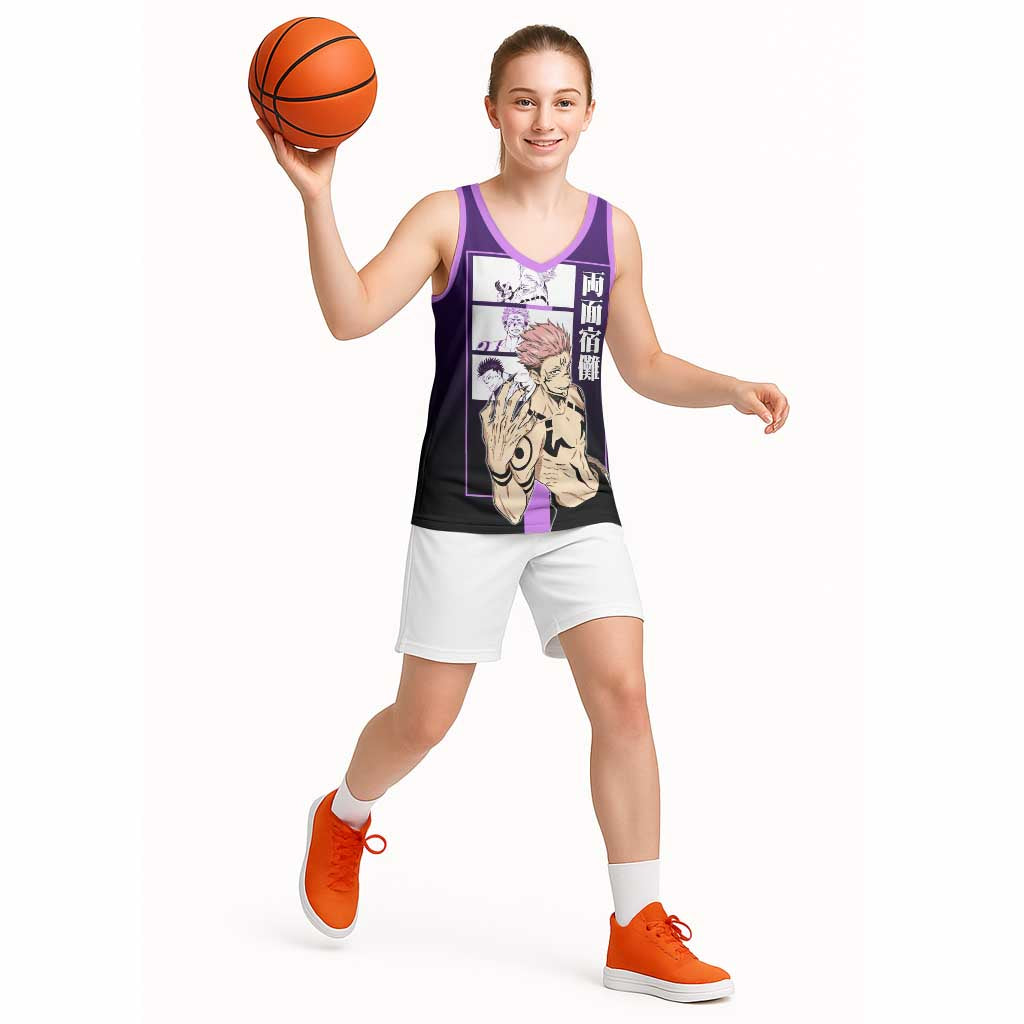 Ryomen Sukuna from Jujutsu Kaisen Basketball Jersey with Purple Background and Multiple Poses Design - The Mazicc