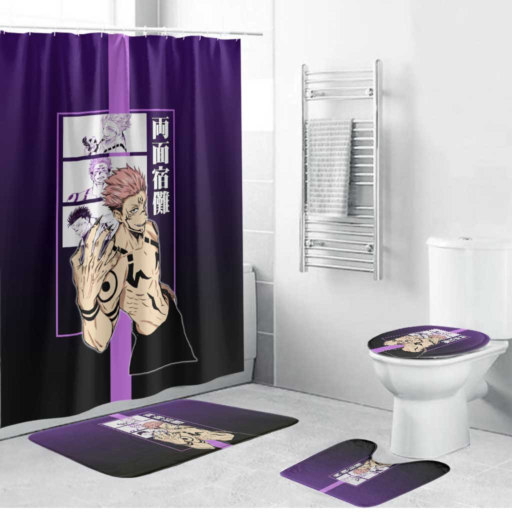 Ryomen Sukuna from Jujutsu Kaisen Bathroom Set with Purple Background and Multiple Poses Design - The Mazicc