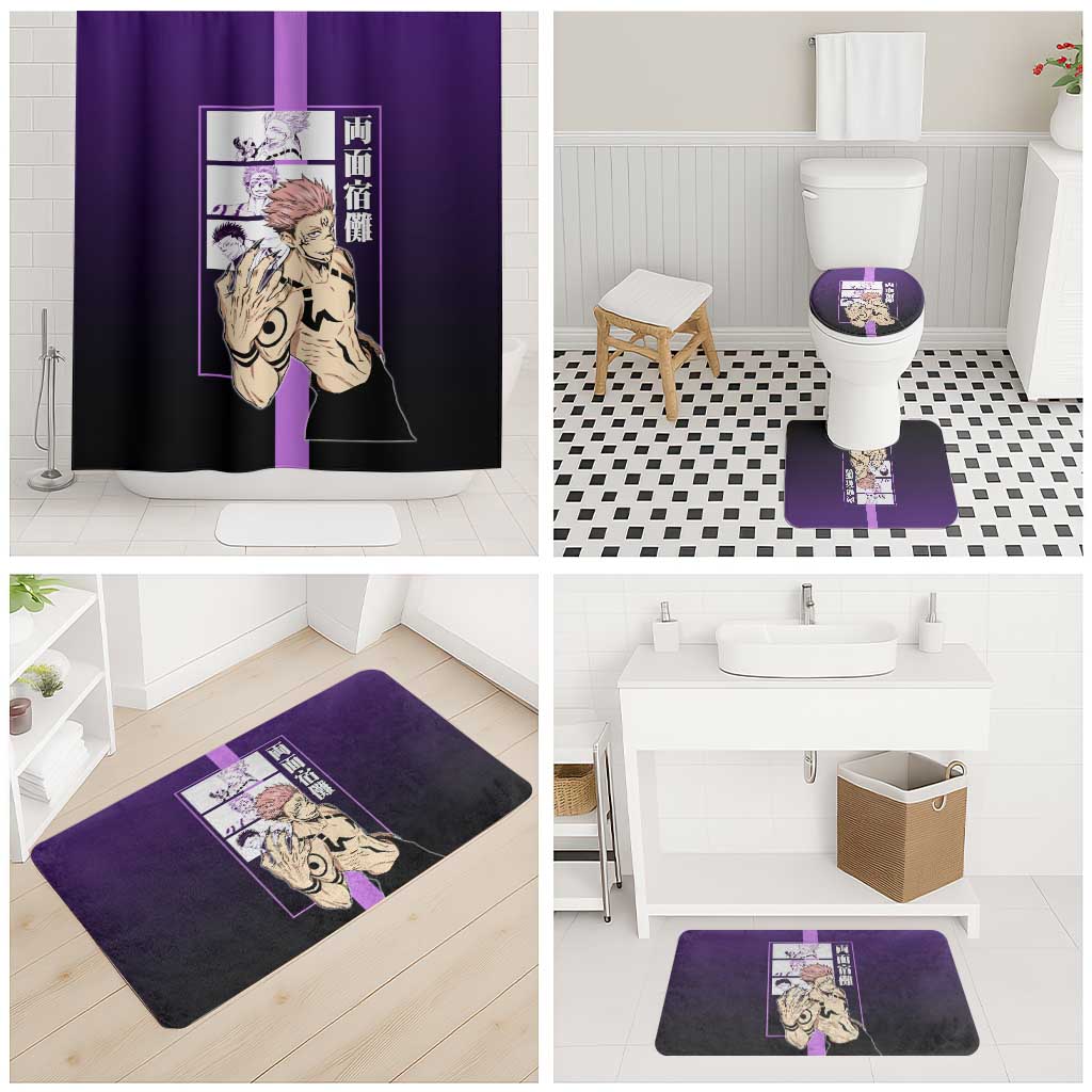 Ryomen Sukuna from Jujutsu Kaisen Bathroom Set with Purple Background and Multiple Poses Design - The Mazicc