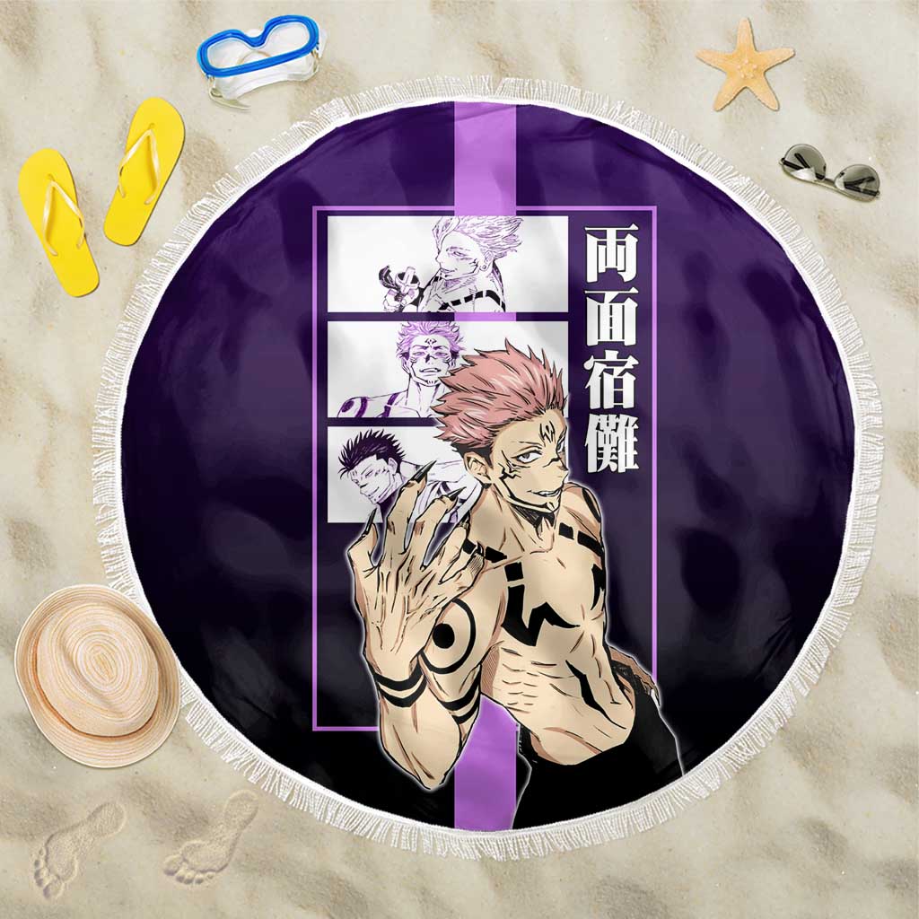 Ryomen Sukuna from Jujutsu Kaisen Beach Blanket with Purple Background and Multiple Poses Design - The Mazicc