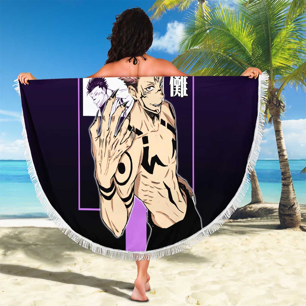Ryomen Sukuna from Jujutsu Kaisen Beach Blanket with Purple Background and Multiple Poses Design - The Mazicc