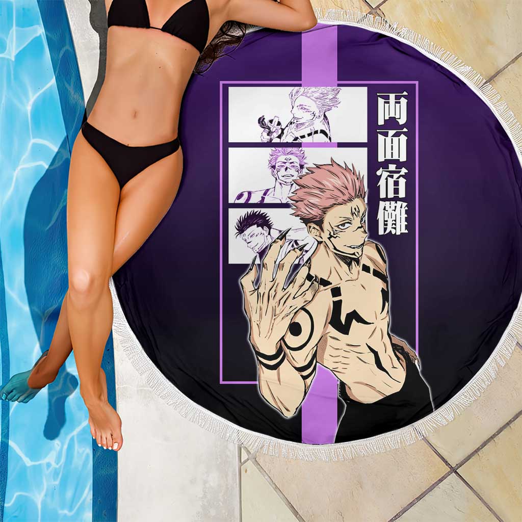 Ryomen Sukuna from Jujutsu Kaisen Beach Blanket with Purple Background and Multiple Poses Design - The Mazicc
