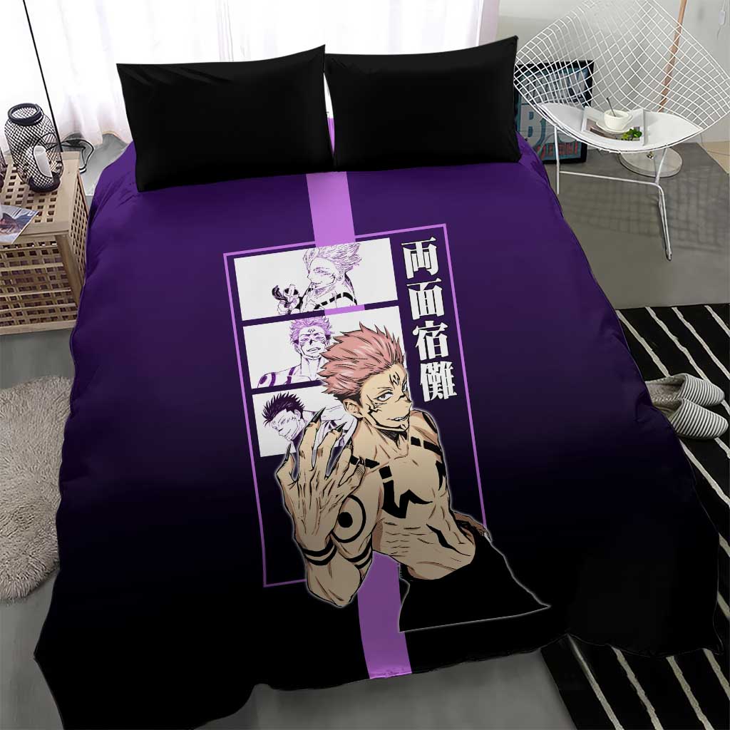 Ryomen Sukuna from Jujutsu Kaisen Bedding Set with Purple Background and Multiple Poses Design - The Mazicc