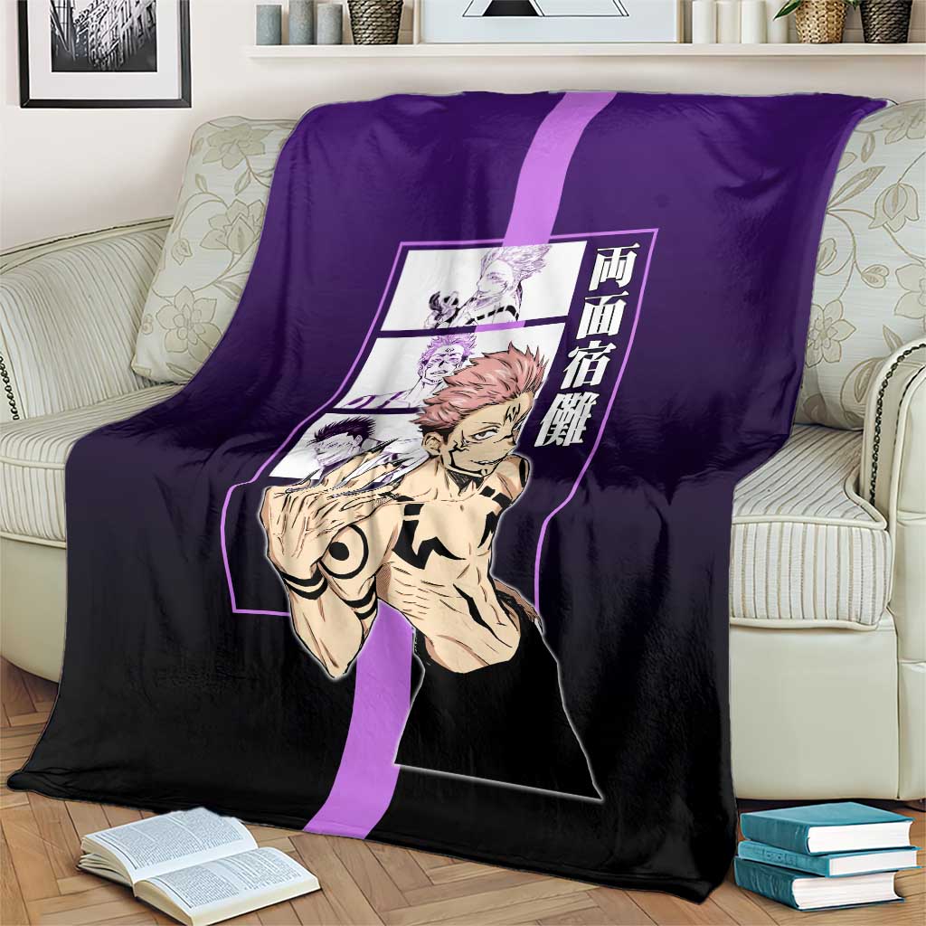 Ryomen Sukuna from Jujutsu Kaisen Blanket with Purple Background and Multiple Poses Design - The Mazicc