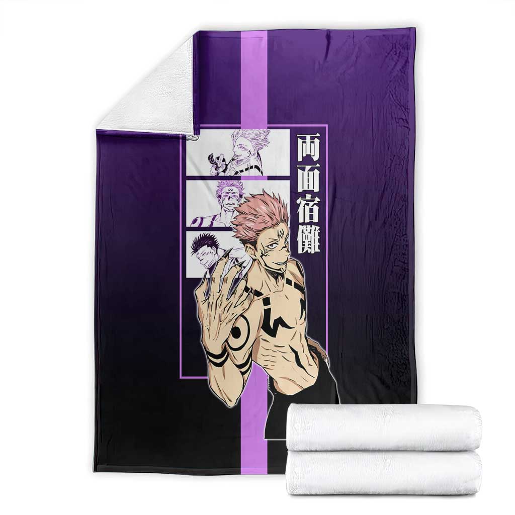 Ryomen Sukuna from Jujutsu Kaisen Blanket with Purple Background and Multiple Poses Design - The Mazicc