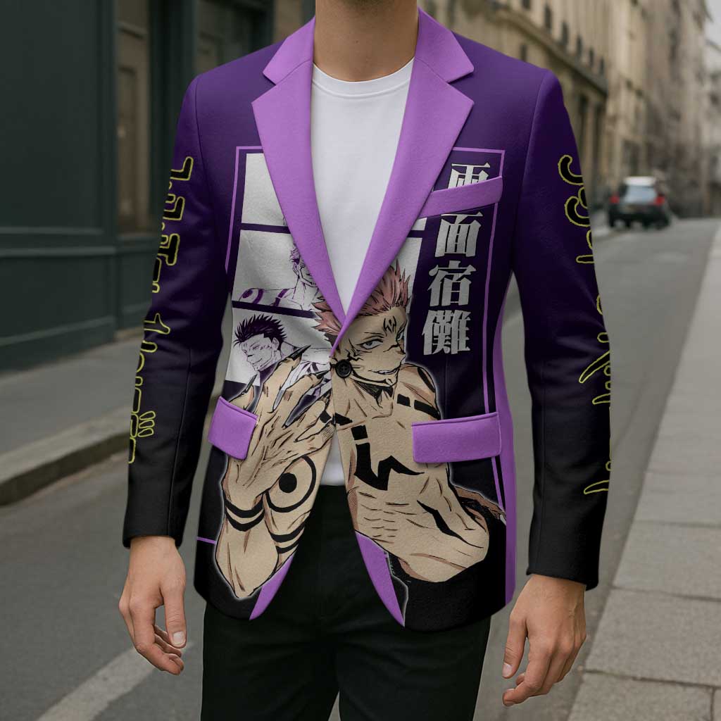 Ryomen Sukuna from Jujutsu Kaisen Blazer with Purple Background and Multiple Poses Design - The Mazicc