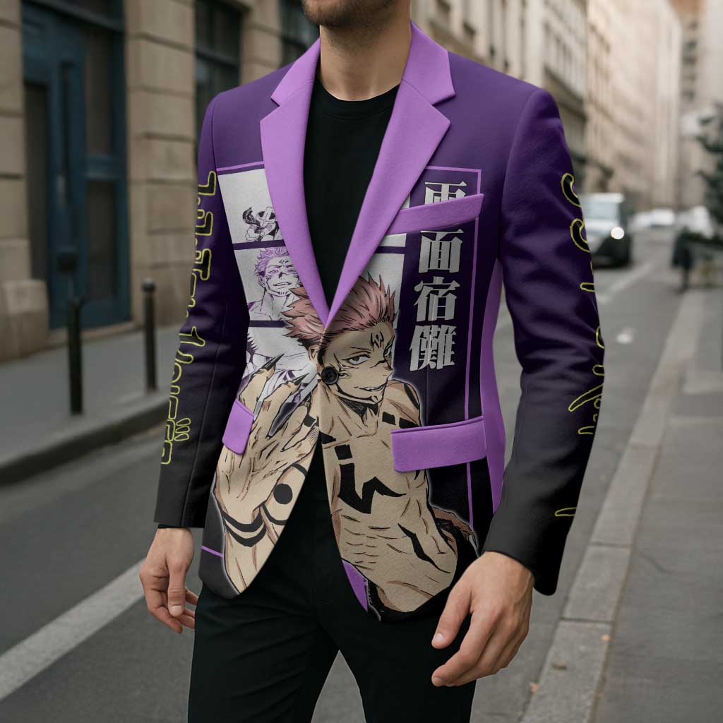 Ryomen Sukuna from Jujutsu Kaisen Blazer with Purple Background and Multiple Poses Design - The Mazicc