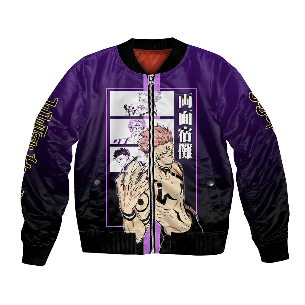 Ryomen Sukuna from Jujutsu Kaisen Bomber Jacket with Purple Background and Multiple Poses Design - The Mazicc