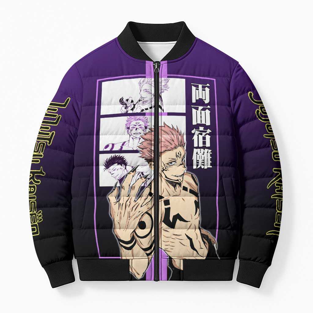 Ryomen Sukuna from Jujutsu Kaisen Bomber Puffer Jacket with Purple Background and Multiple Poses Design - The Mazicc